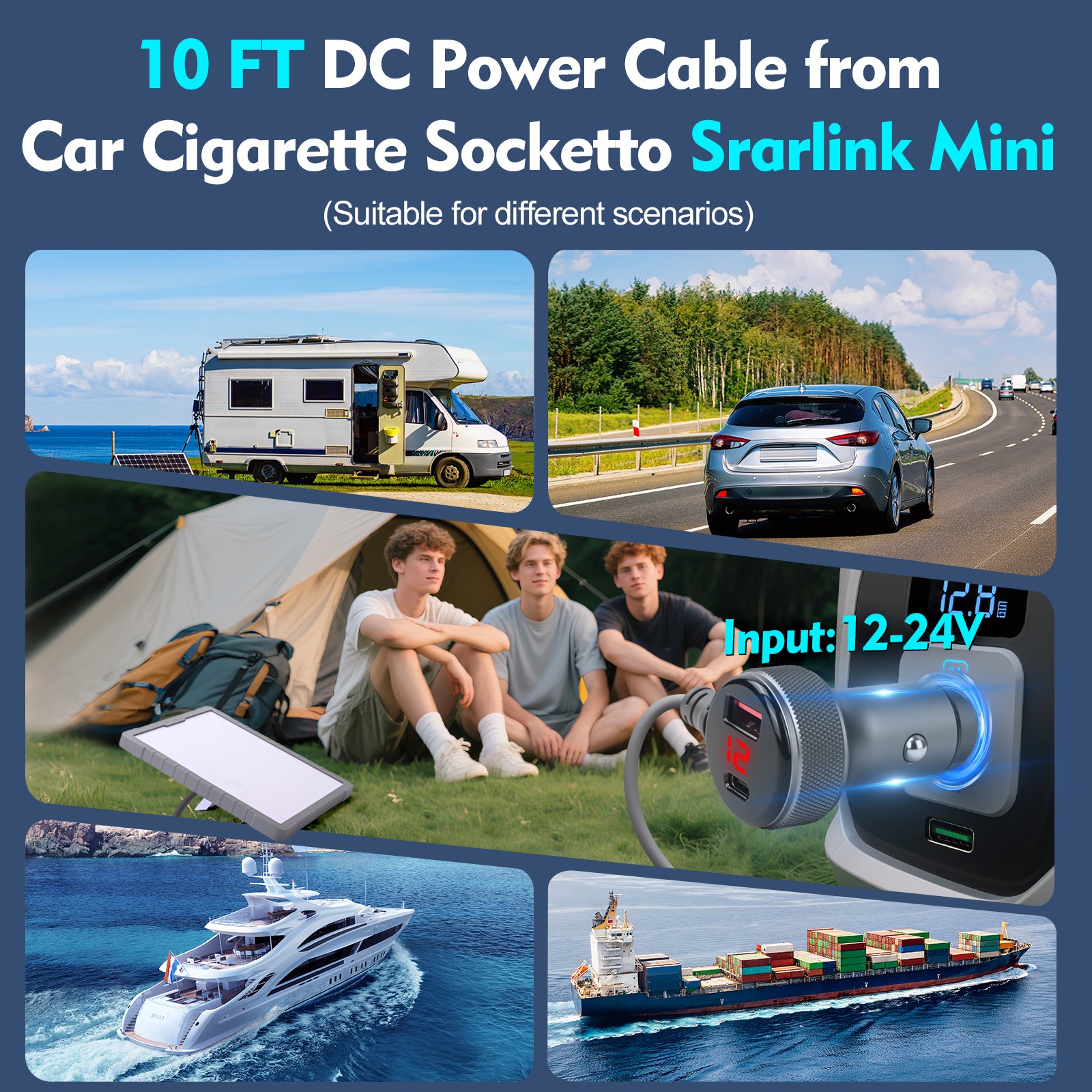 Starlink Mini Car Adapter with Type C- 12V~24V | 60W DC Power Cable for Star Link - Compact & Stable Star Link 12v Adapter for Car, RV, Camping, and Off-Grid Use