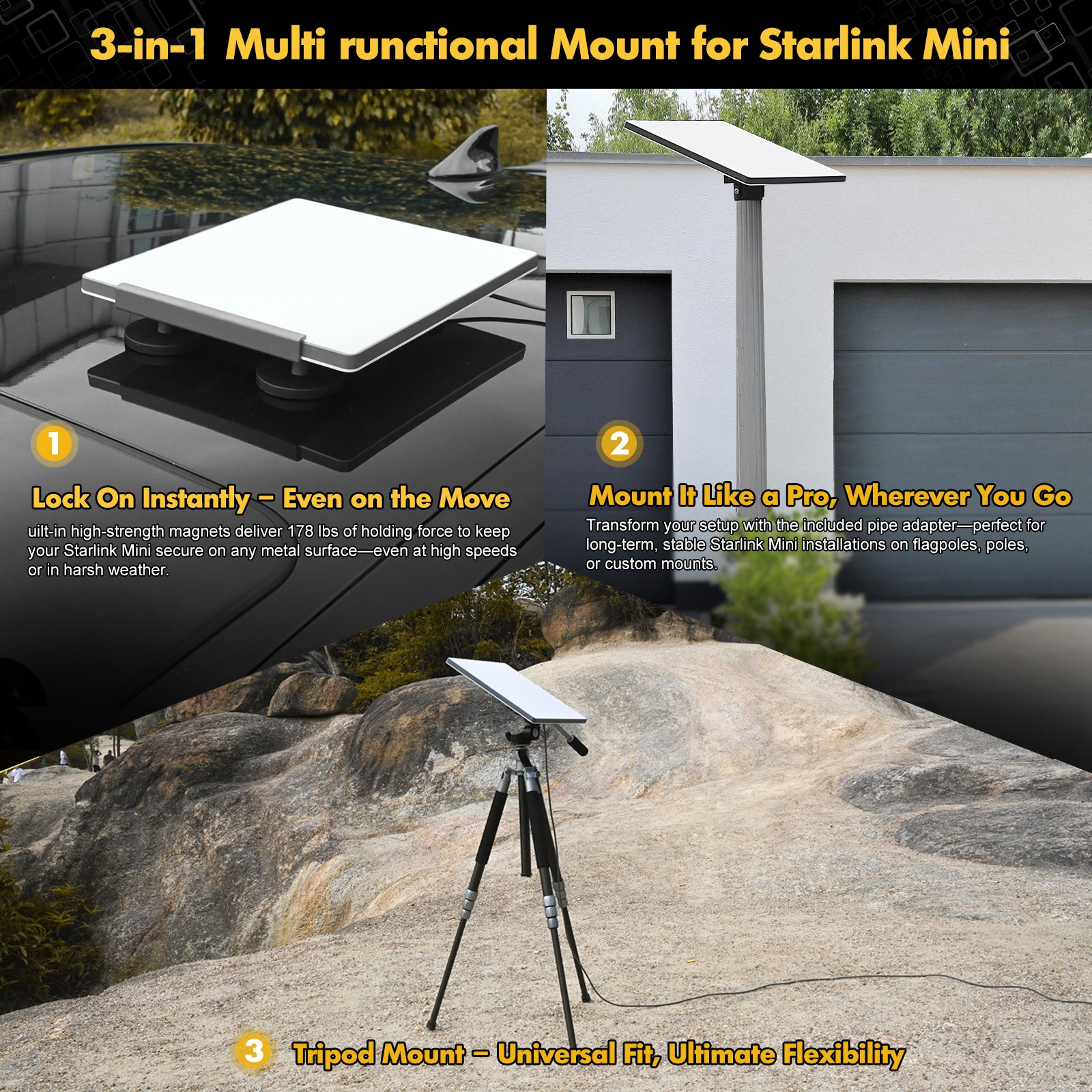 3-in-1 Starlink Mini Mount - Magnetic Base, Flagpole Adapter, & Camera Tripod Adapter | Rooftop Magnet Mount, RV & Truck Mount for Starlink Mini | Outdoor Starlink Accessories