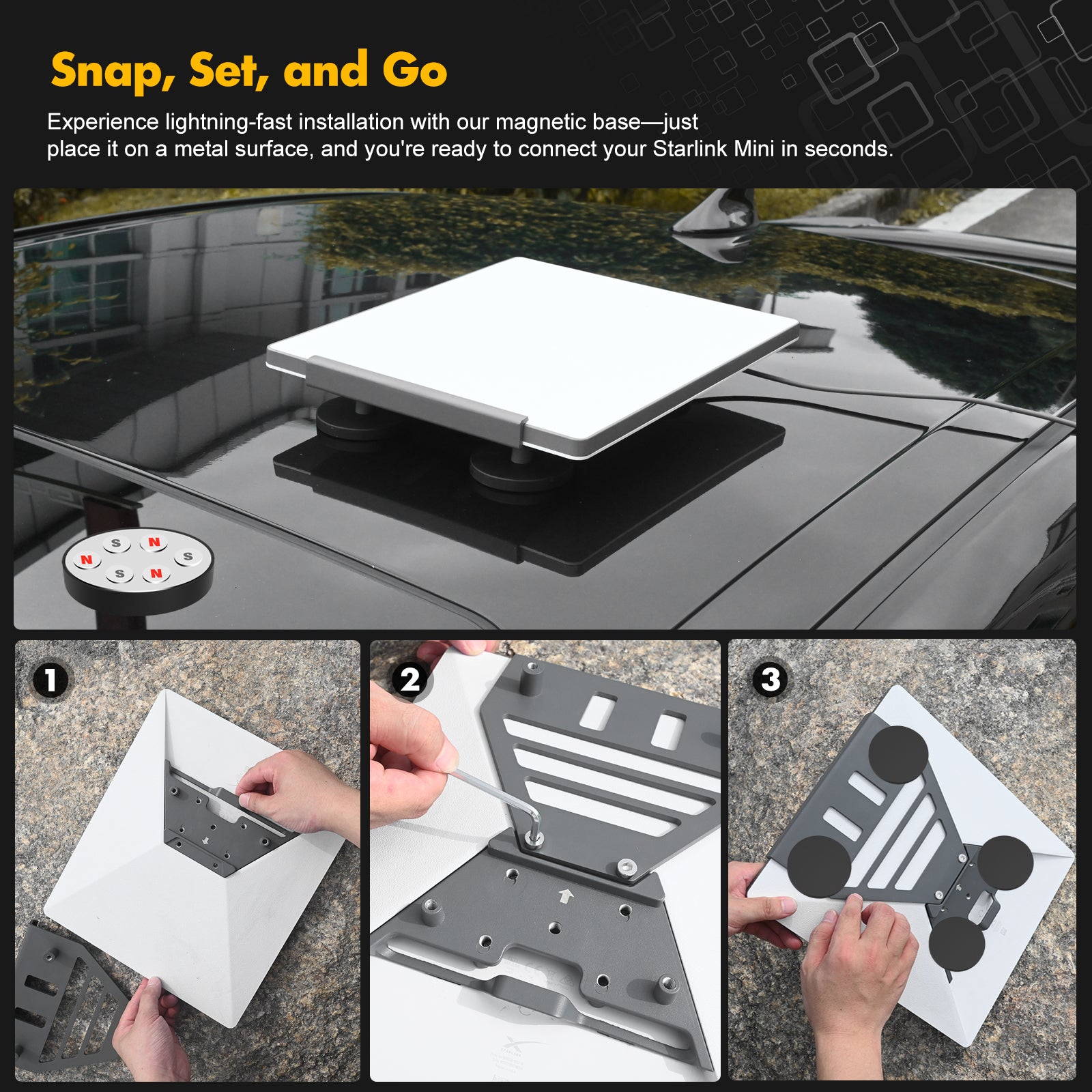 3-in-1 Starlink Mini Mount - Magnetic Base, Flagpole Adapter, & Camera Tripod Adapter | Rooftop Magnet Mount, RV & Truck Mount for Starlink Mini | Outdoor Starlink Accessories